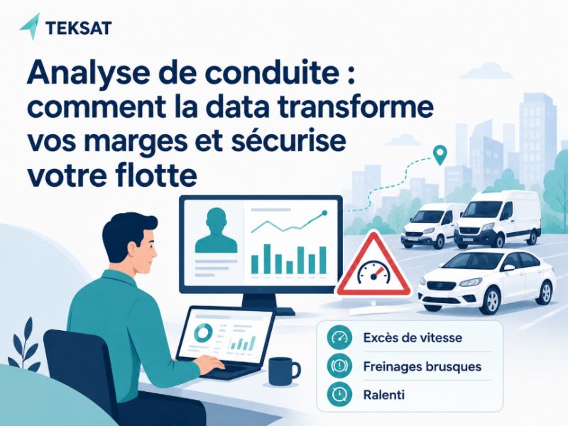 Illustration Teksat montrant l’analyse de conduite d’une flotte avec données, alertes et suivi des comportements à risque.