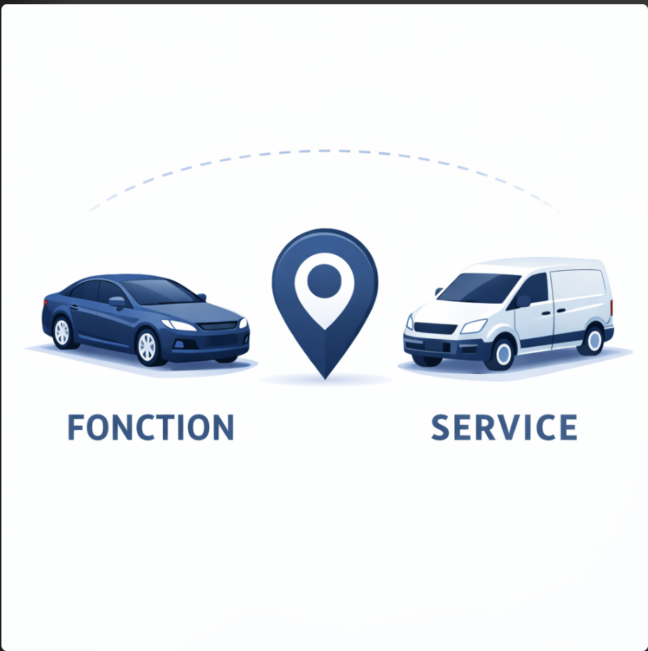 Illustration comparant une voiture de fonction et une voiture de service avec un repère de géolocalisation au centre.