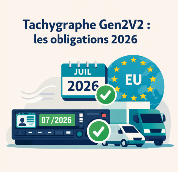 Tachygraphe intelligent Gen2V2 obligatoire en 2026 pour le transport routier international et les véhicules utilitaires de plus de 2,5 tonnes.