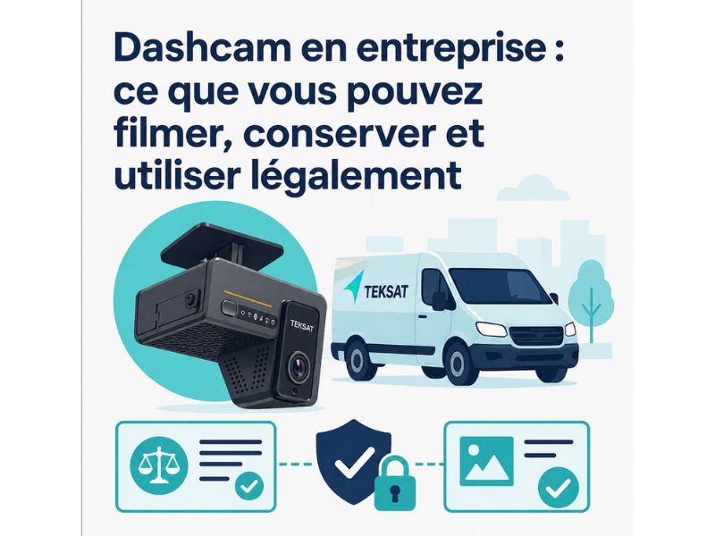 Illustration d’une dashcam installée dans un véhicule professionnel avec des symboles de conformité légale, de sécurité des données et d’utilisation responsable des images en entreprise.