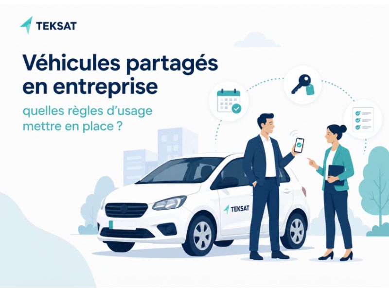 Illustration d’un véhicule partagé en entreprise avec deux collaborateurs, une réservation mobile et des pictogrammes de checklist, clés et calendrier.