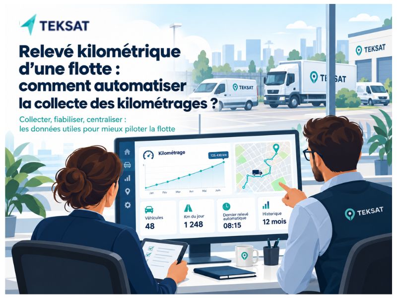 Illustration du relevé kilométrique automatique d’une flotte de véhicules avec centralisation des kilométrages et historique des trajets.