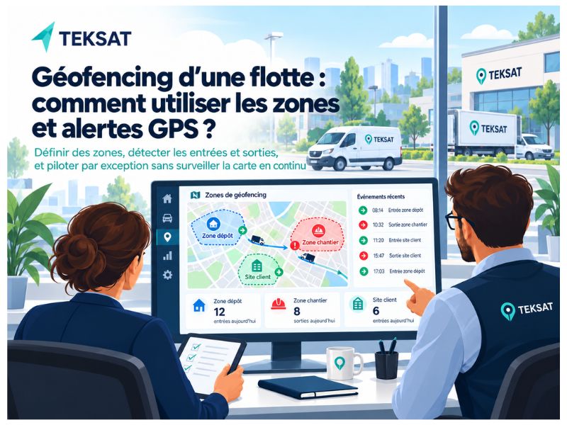 Illustration du géofencing d'une flotte de véhicules avec des zones GPS autour de dépôts et des alertes automatiques d'entrée et de sortie.