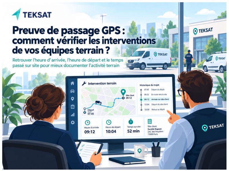 Illustration d’une preuve de passage GPS montrant l’heure d’arrivée, l’heure de départ, le temps passé sur site et l’historique du trajet d’un véhicule.